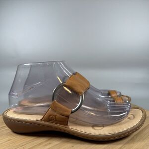 S Born Captiva Toe Loop Sandals Womens 7M Tan Leather Silver Ring‎ Slides Flats